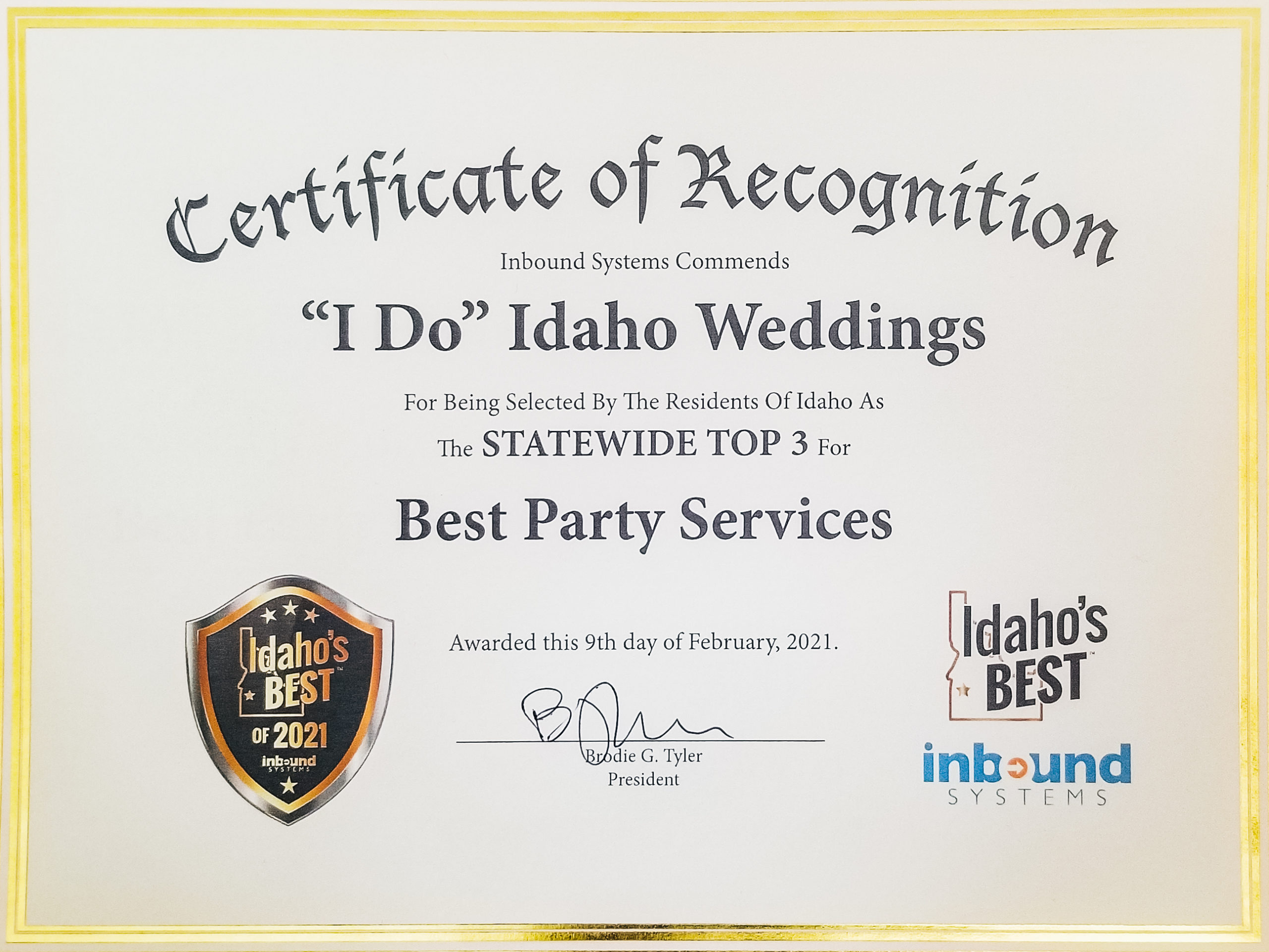 Award from Idaho's Best for "Best Party Services".